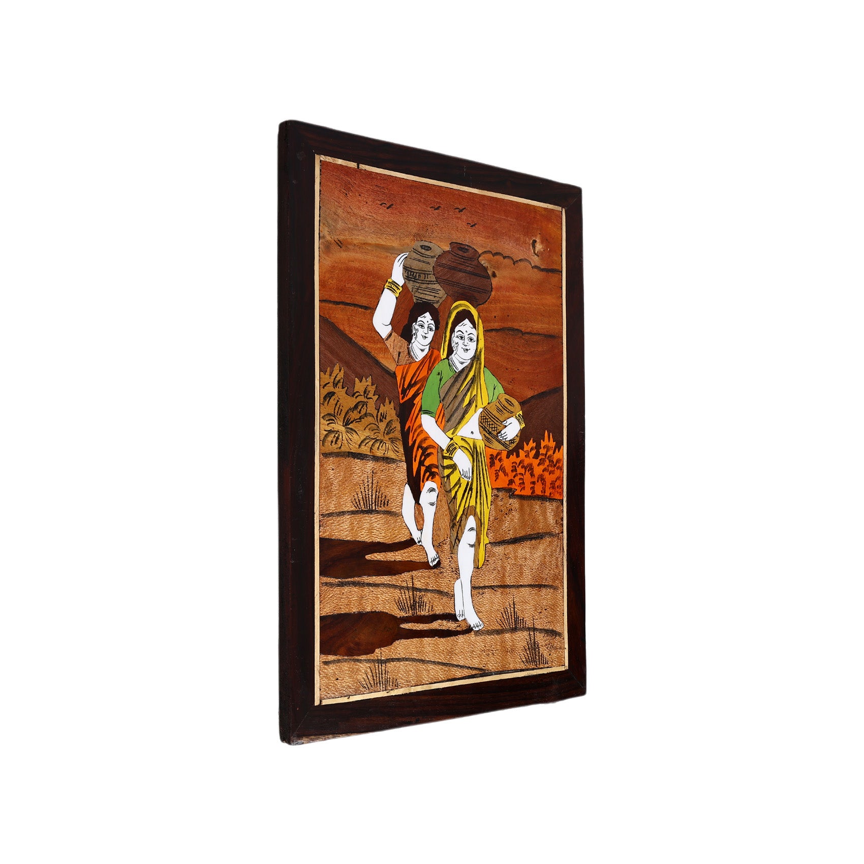 Wooden Mysore Inlay Painting of Rural Women Carrying Pots