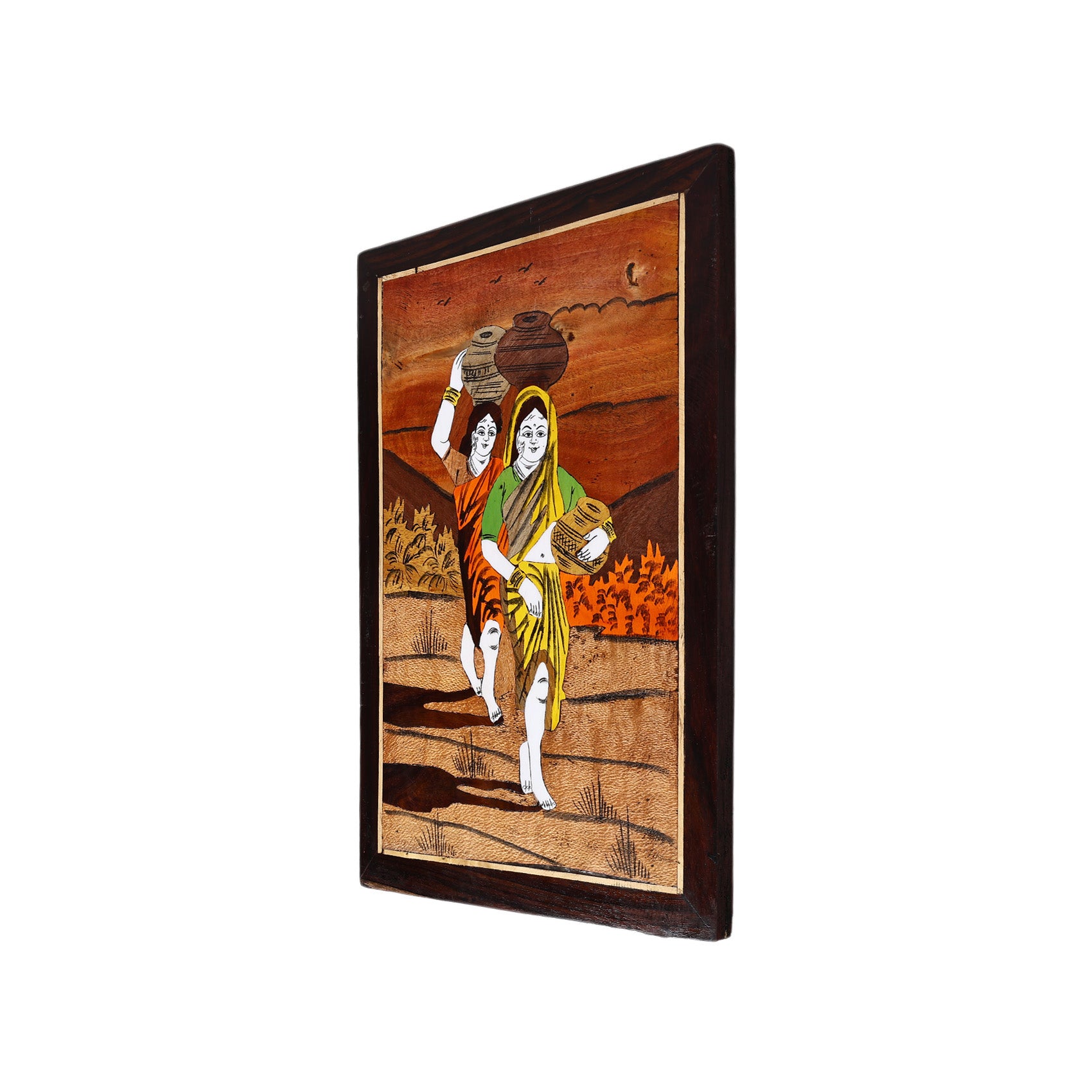 Wooden Mysore Inlay Painting of Rural Women Carrying Pots