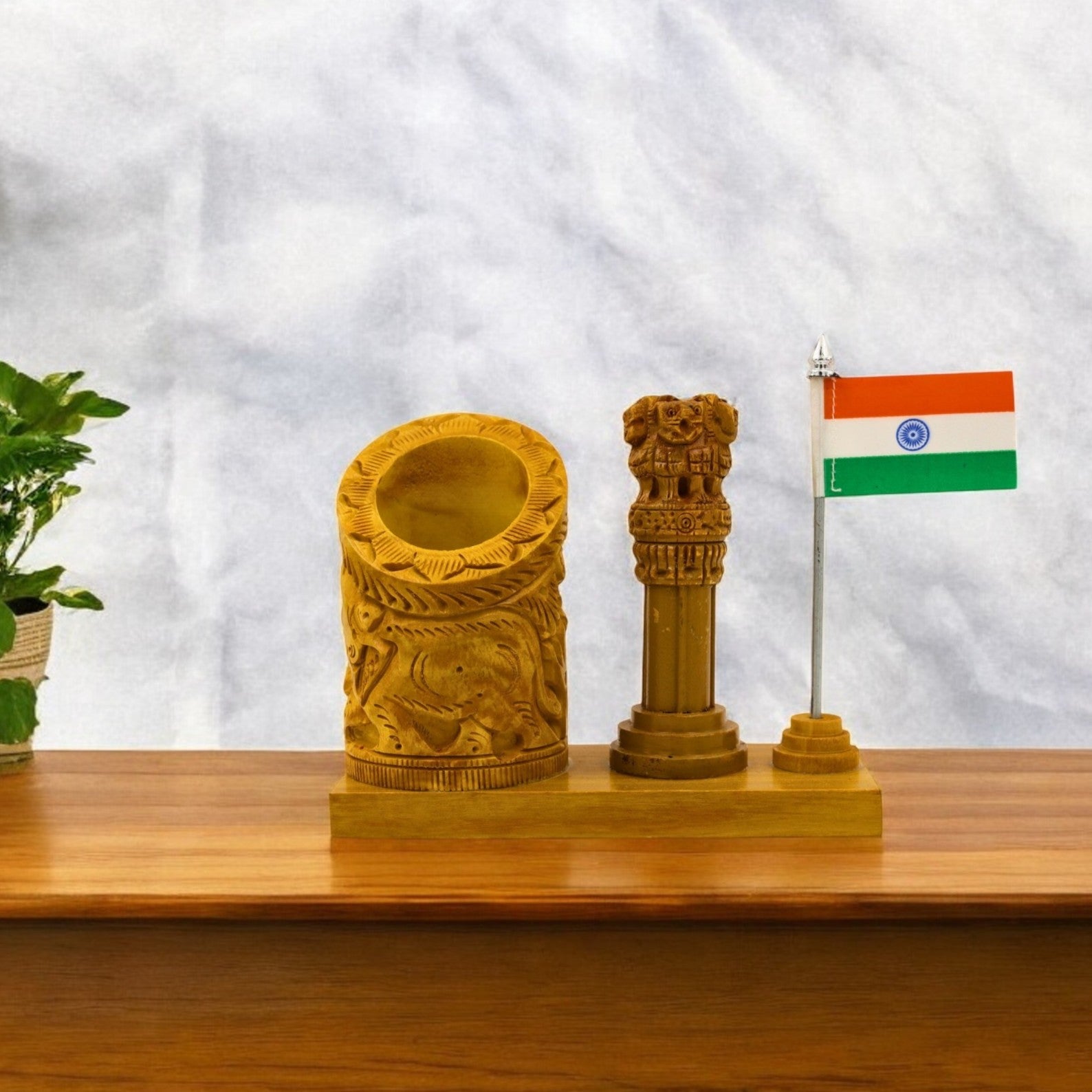Wooden Pen Stand with Ashoka Pillar & national Flag