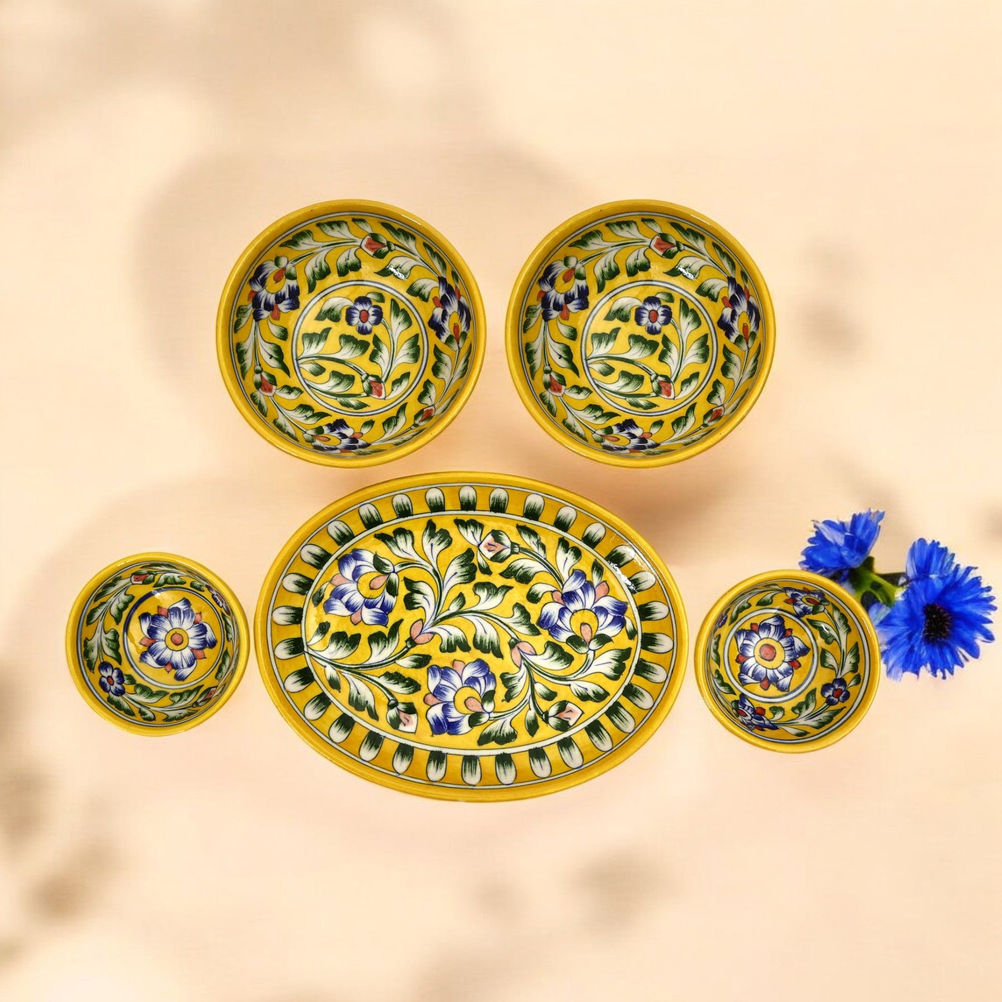 Yellow Floral Oval Platter & Bowl Set – Handcrafted Jaipur Blue Pottery for Festive Dining