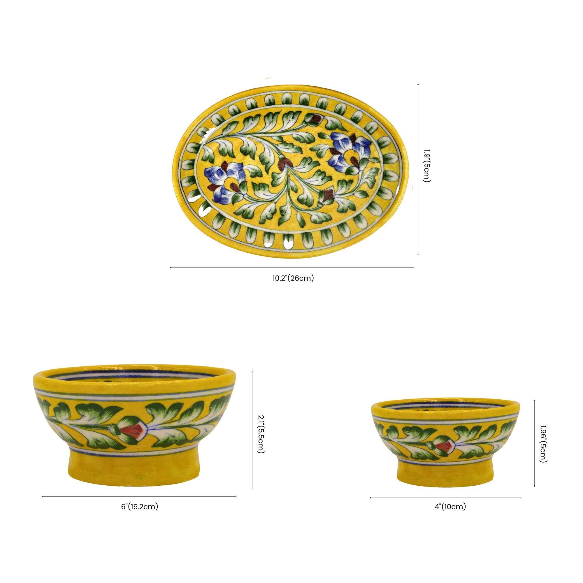 Yellow Floral Oval Platter & Bowl Set – Handcrafted Jaipur Blue Pottery for Festive Dining
