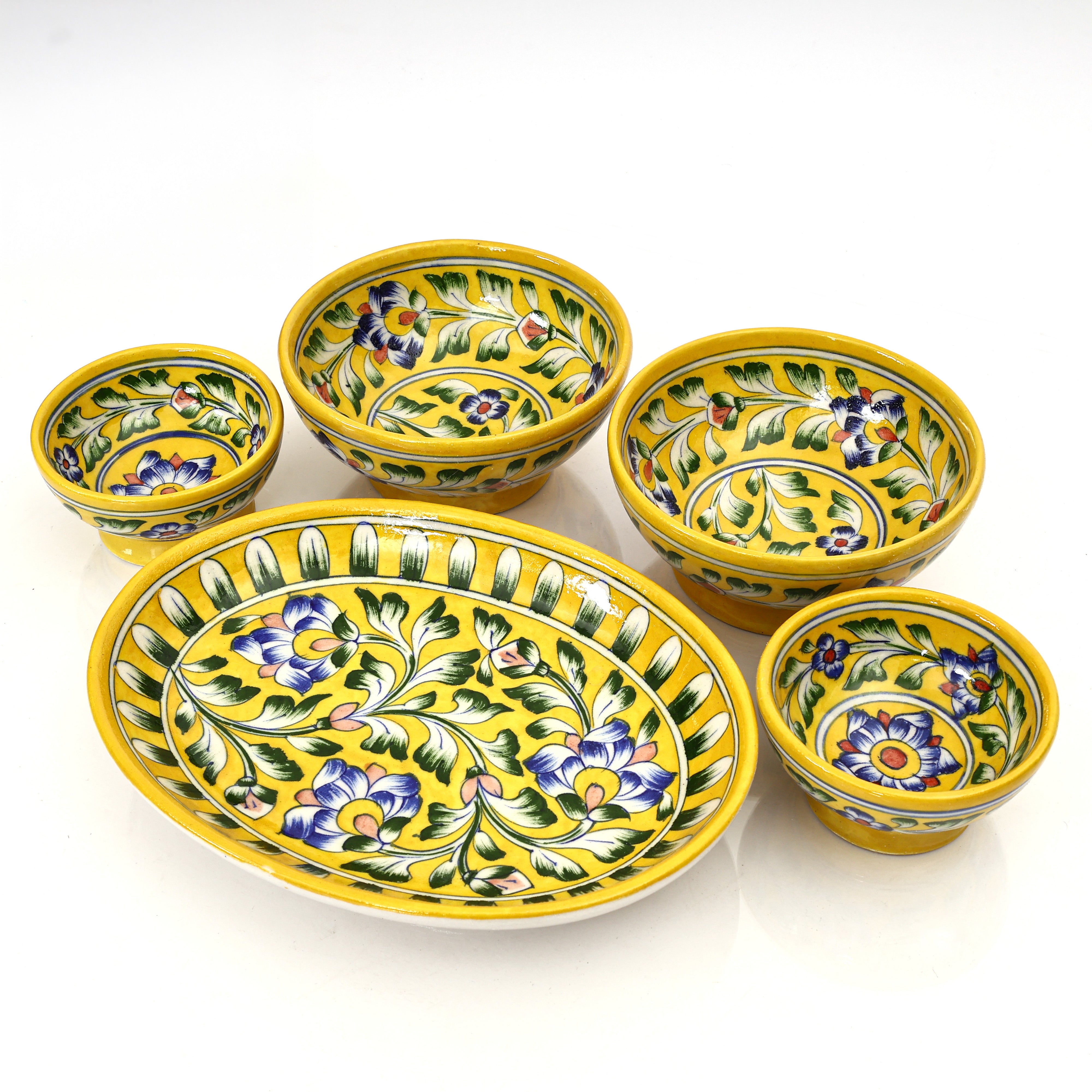 Yellow Floral Oval Platter & Bowl Set – Handcrafted Jaipur Blue Pottery for Festive Dining