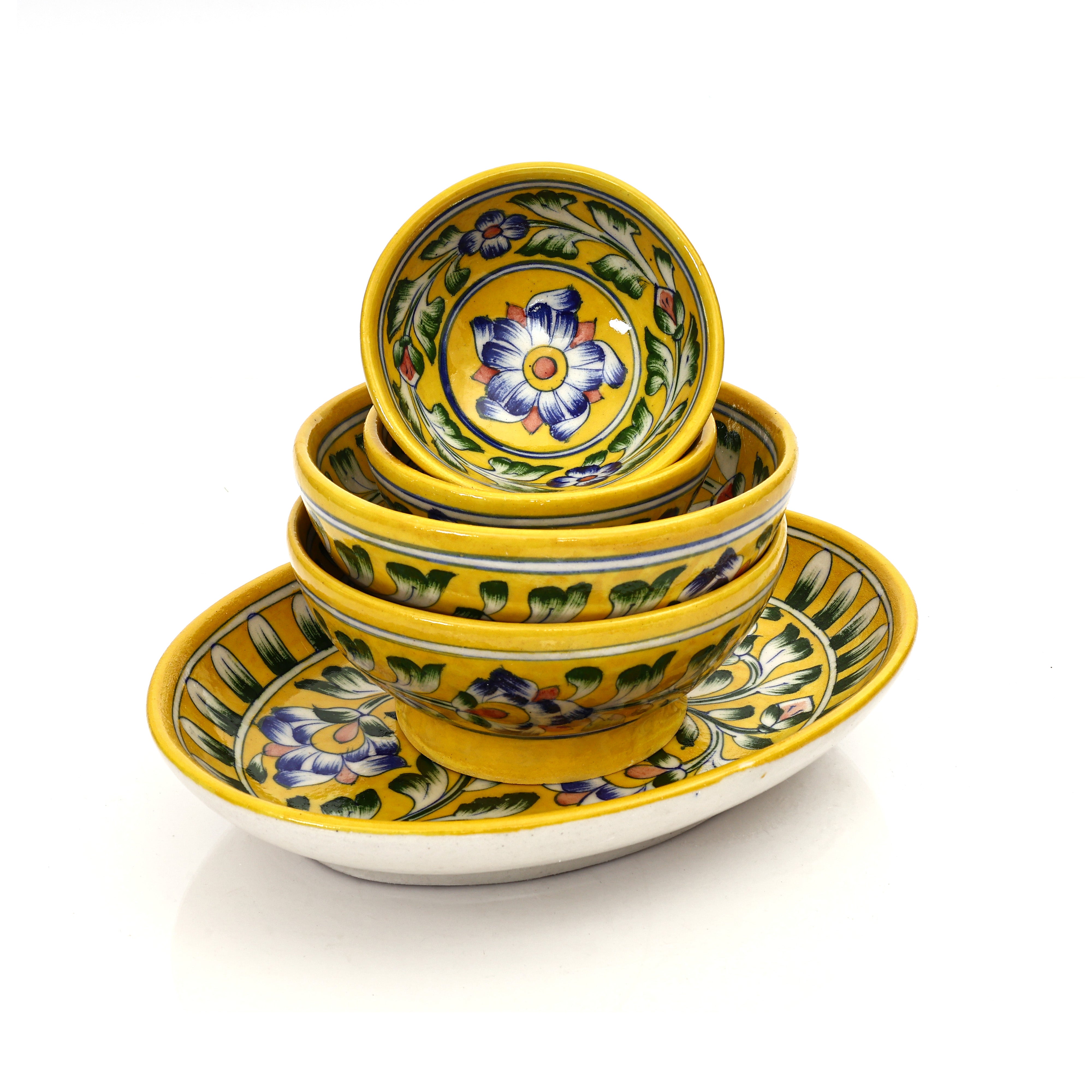 Yellow Floral Oval Platter & Bowl Set – Handcrafted Jaipur Blue Pottery for Festive Dining