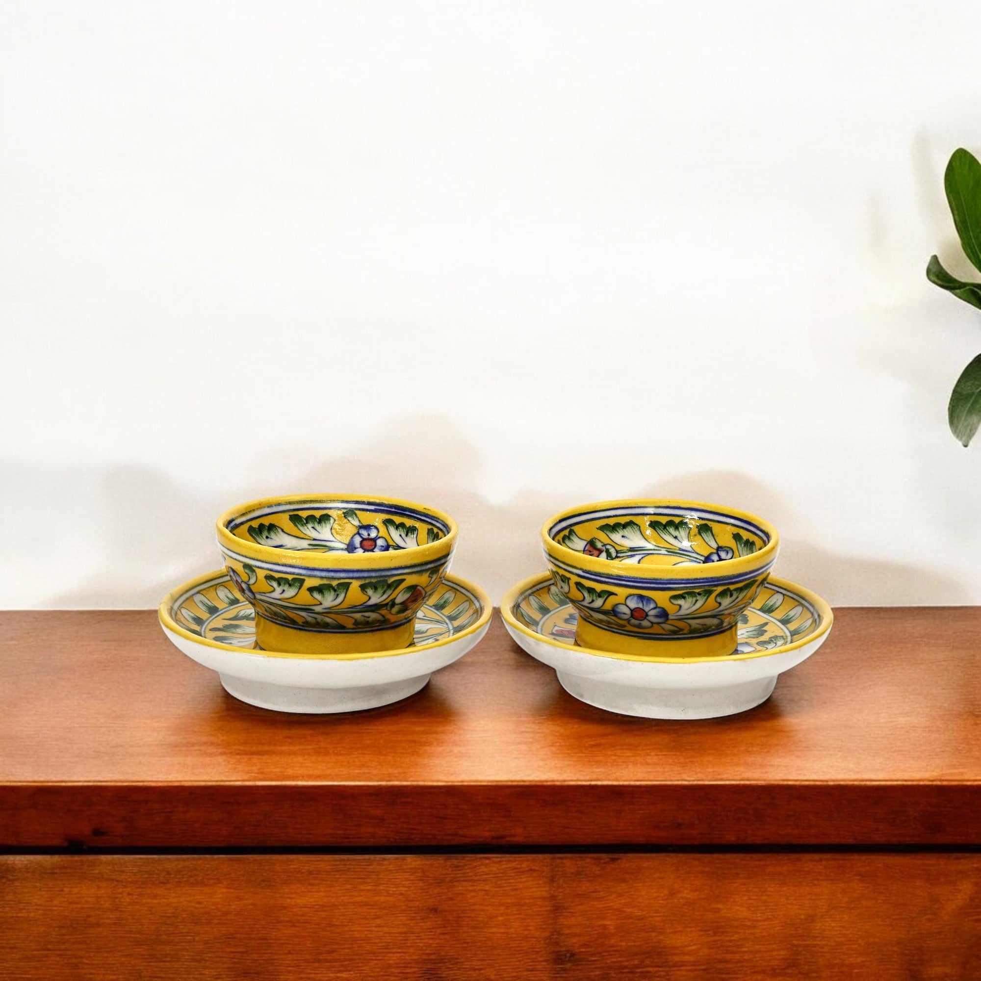 Yellow Floral Round Platter & Bowl Set – Handcrafted Jaipur Blue Pottery for Stylish Serving