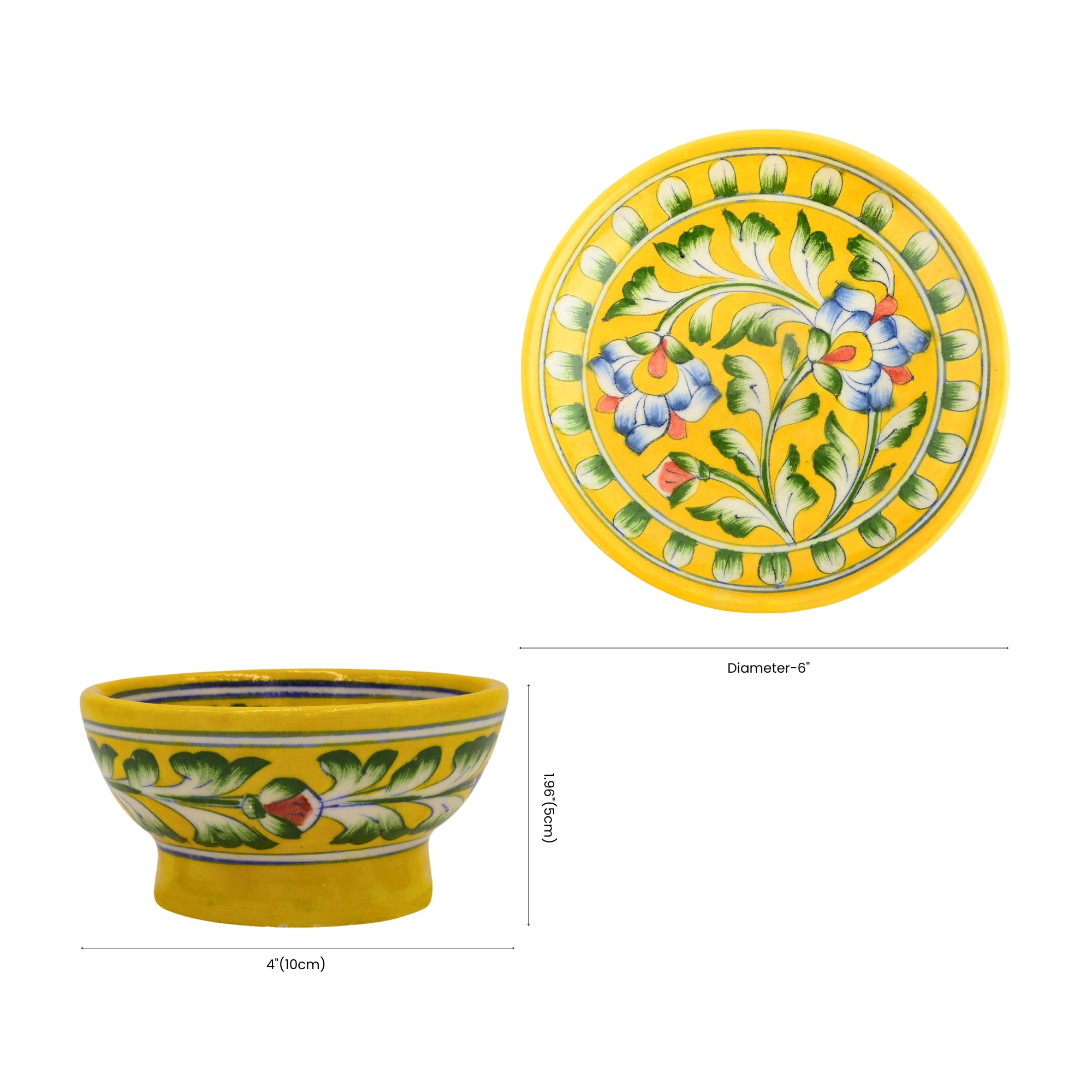 Yellow Floral Round Platter & Bowl Set – Handcrafted Jaipur Blue Pottery for Stylish Serving