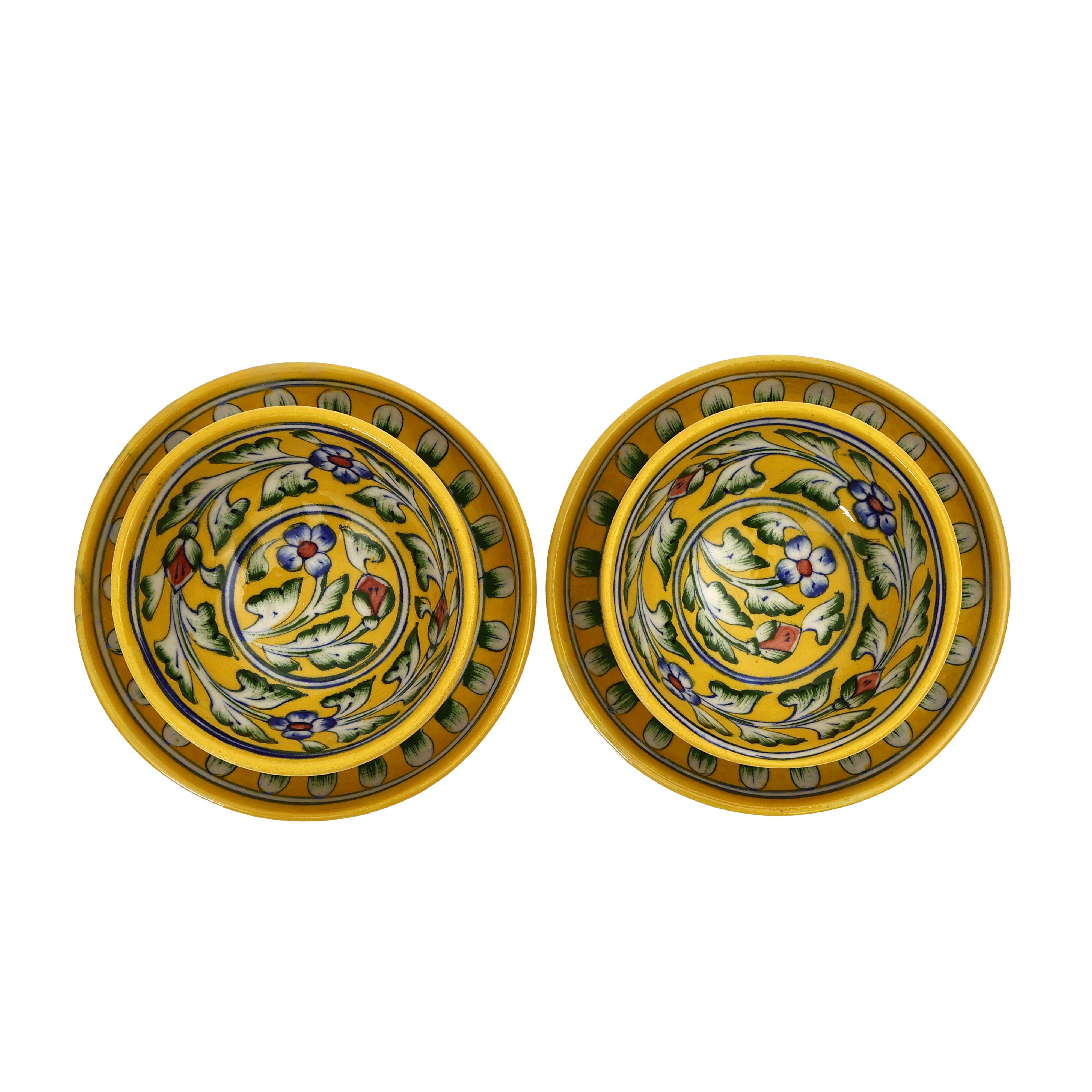 Yellow Floral Round Platter & Bowl Set – Handcrafted Jaipur Blue Pottery for Stylish Serving