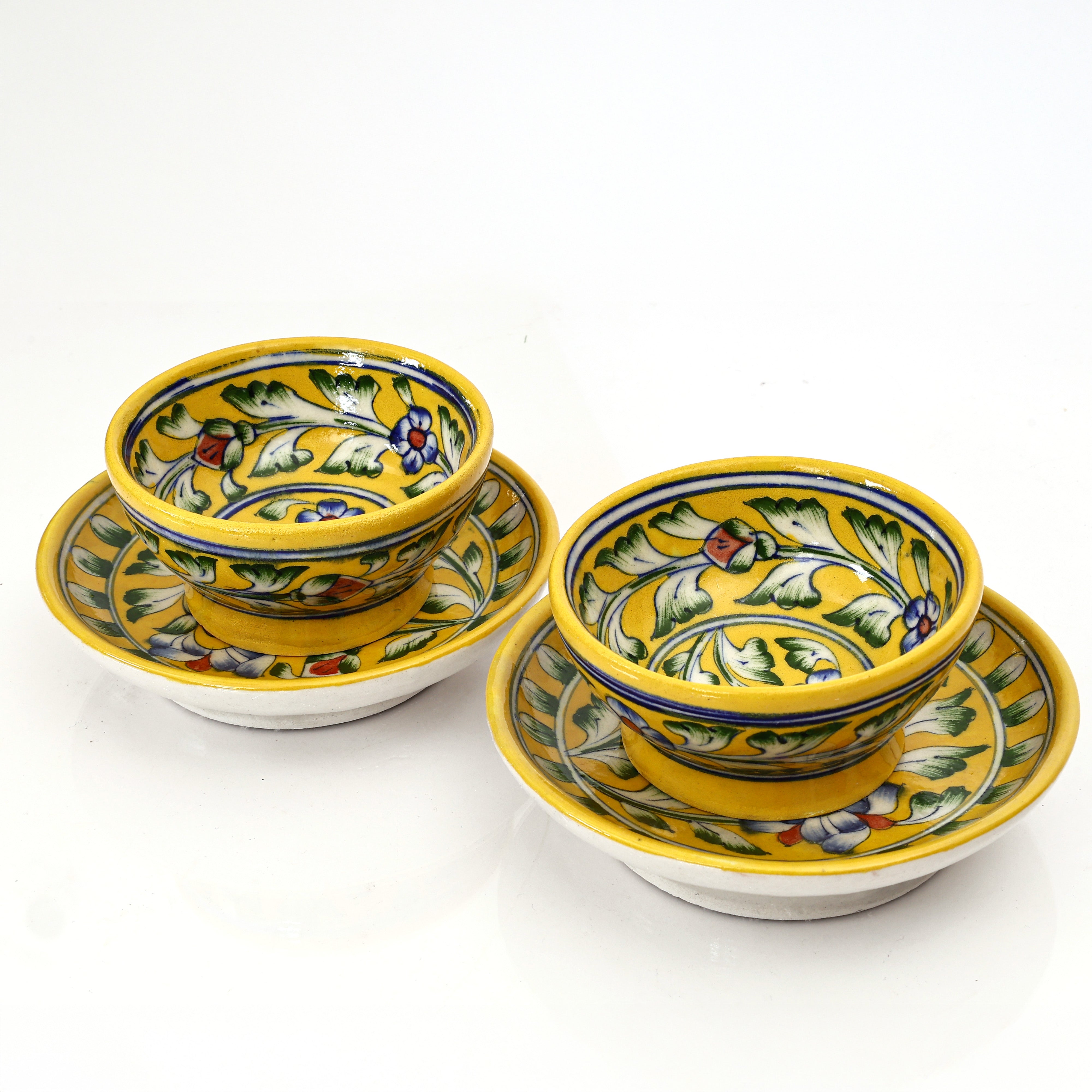 Yellow Floral Round Platter & Bowl Set – Handcrafted Jaipur Blue Pottery for Stylish Serving