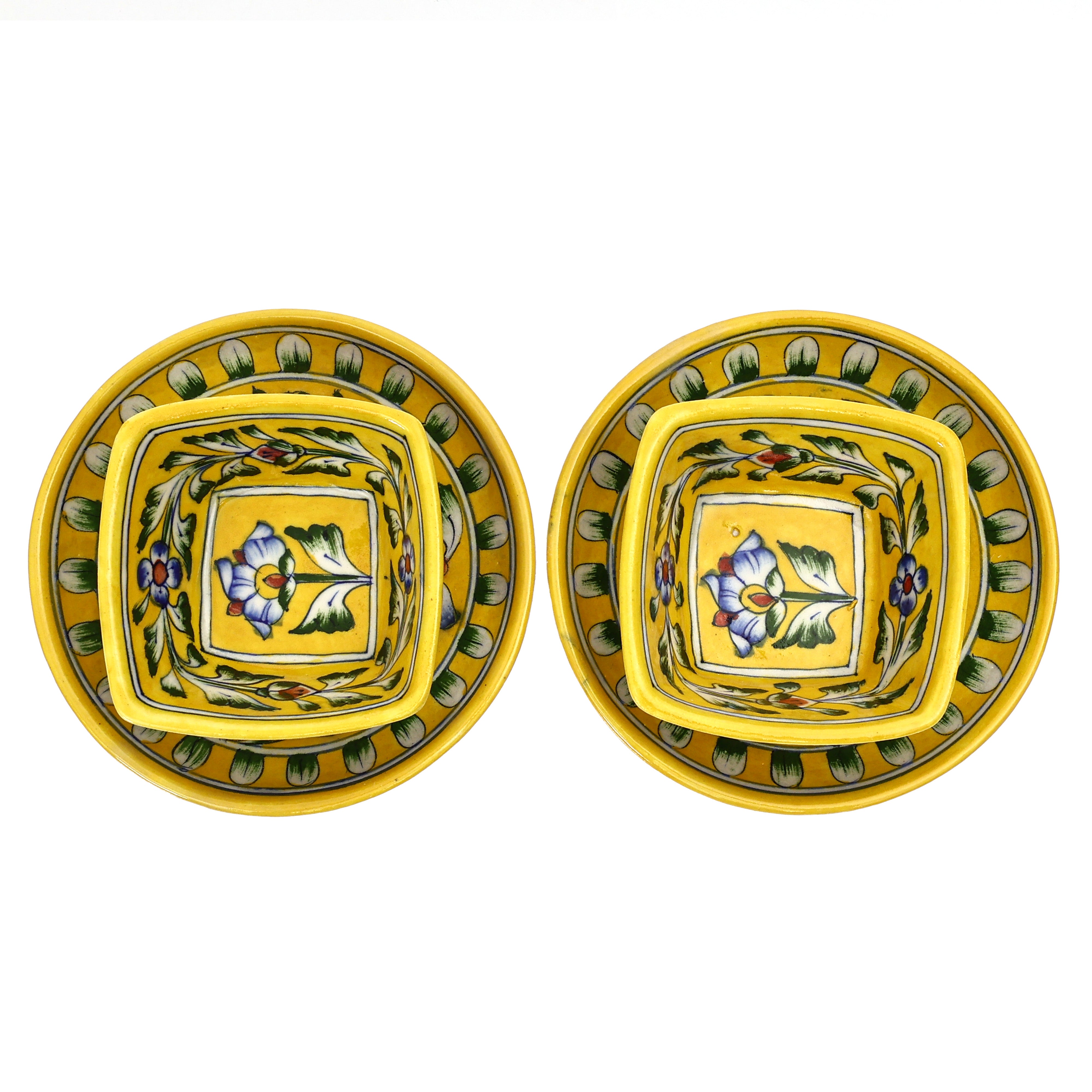 Yellow Floral Square Platter & Bowl Set – Handcrafted Jaipur Blue Pottery for Timeless Dining