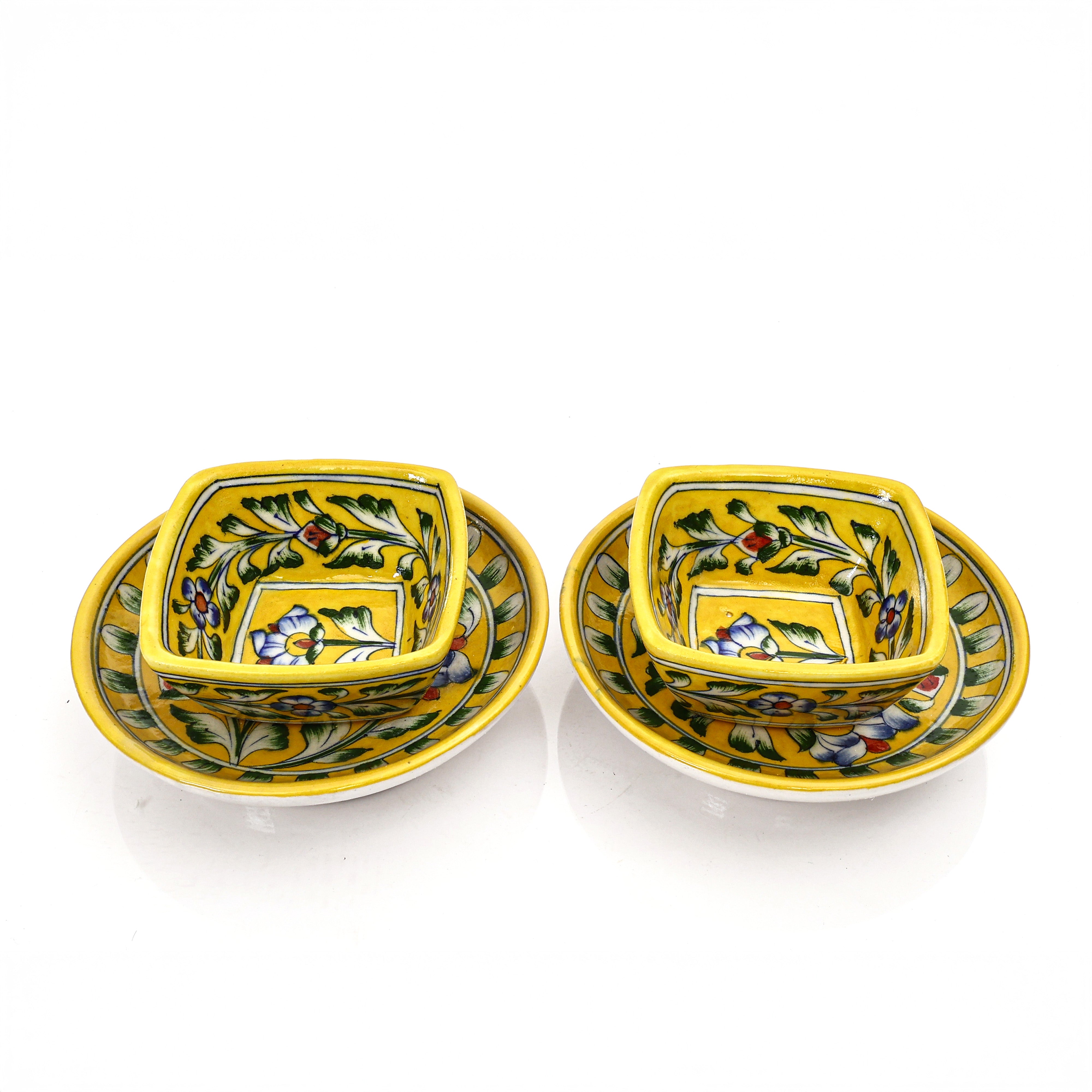 Yellow Floral Square Platter & Bowl Set – Handcrafted Jaipur Blue Pottery for Timeless Dining