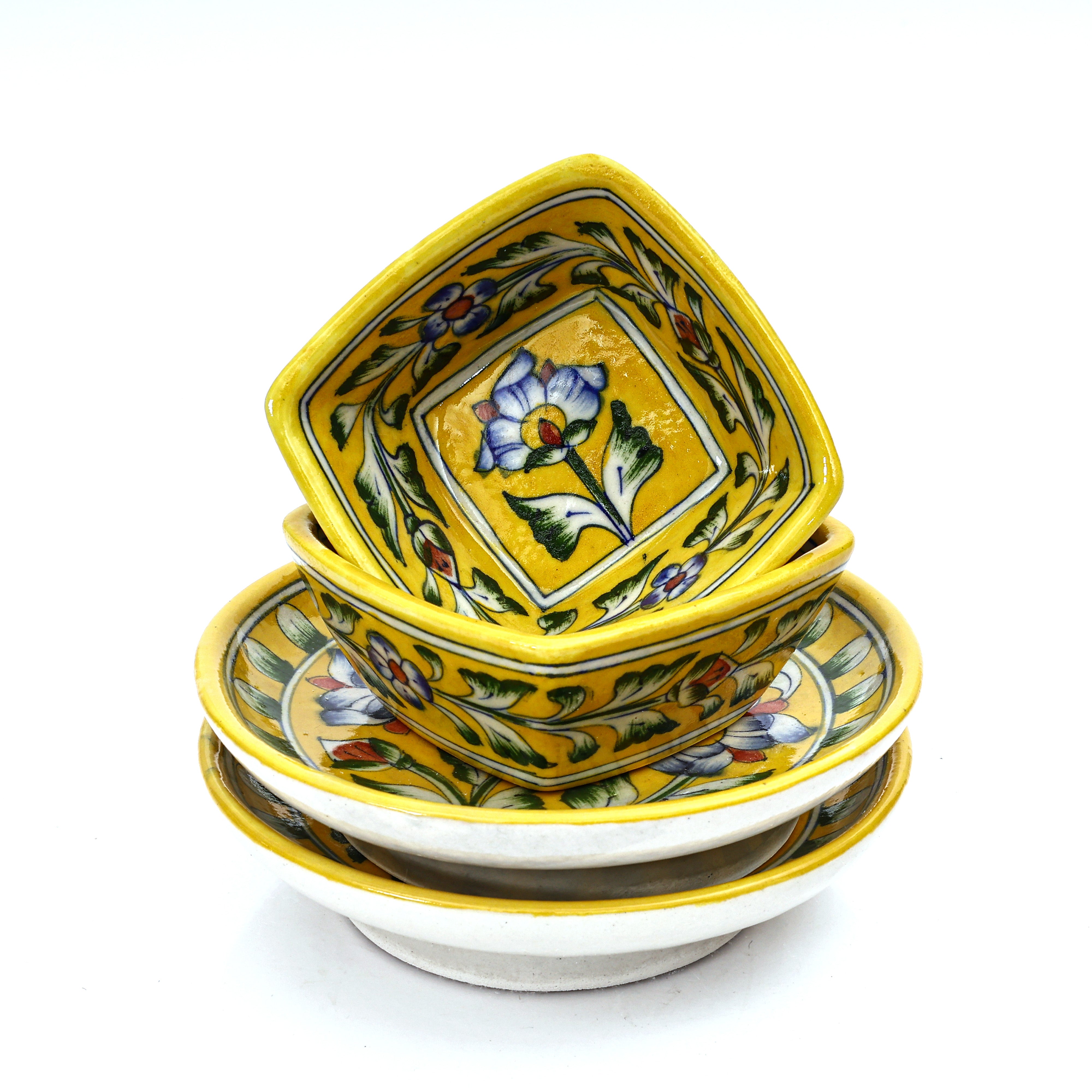 Yellow Floral Square Platter & Bowl Set – Handcrafted Jaipur Blue Pottery for Timeless Dining