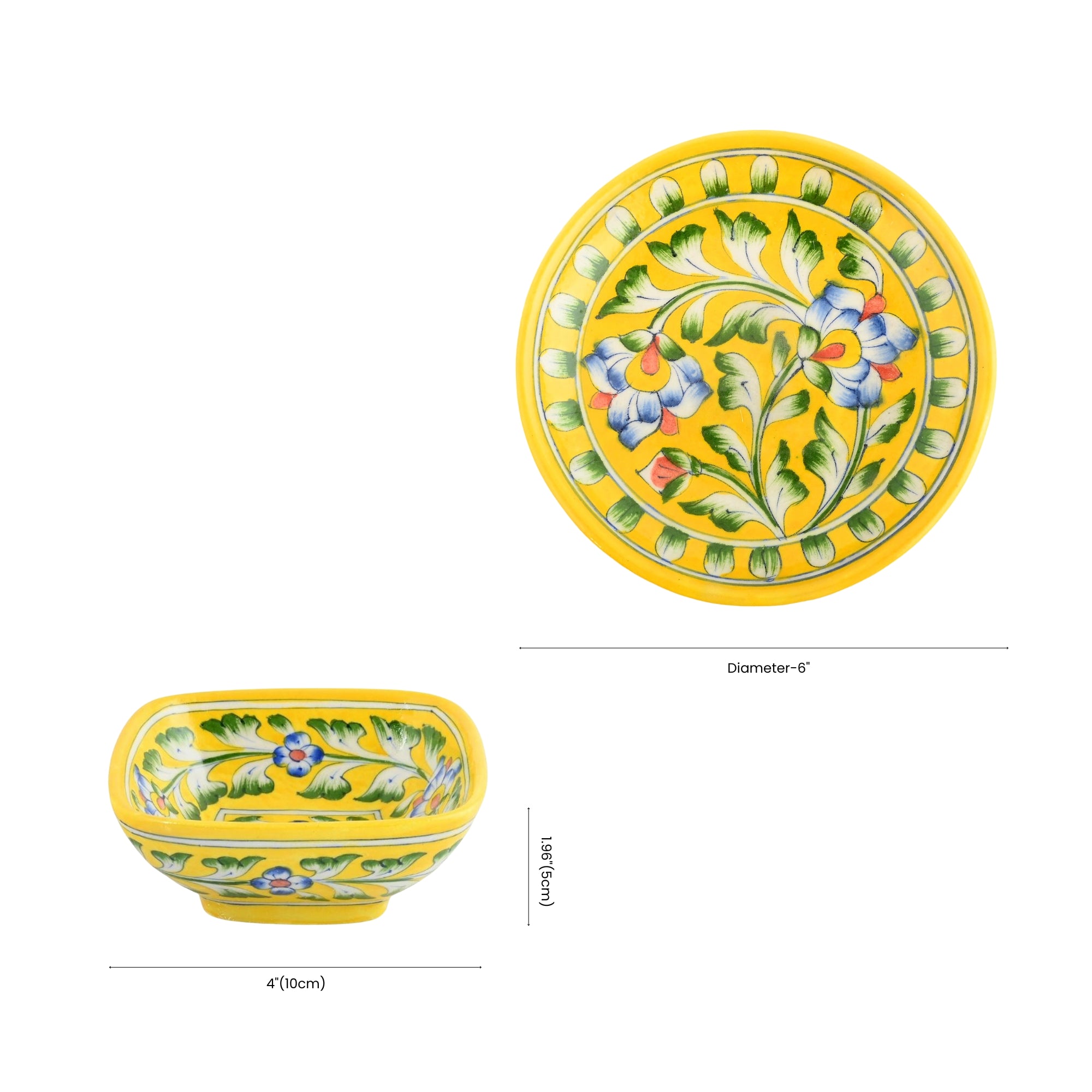Yellow Floral Square Platter & Bowl Set – Handcrafted Jaipur Blue Pottery for Timeless Dining