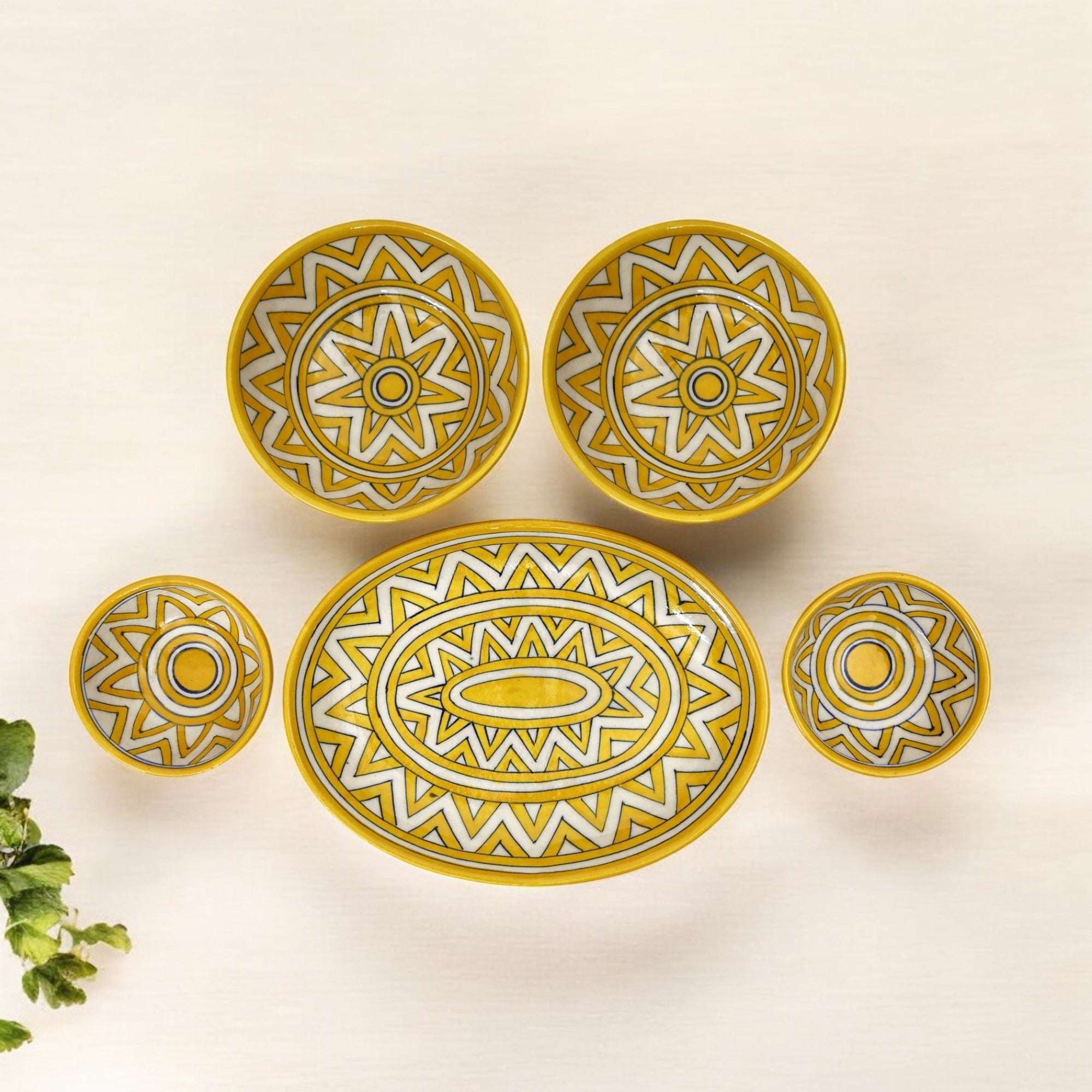 Yellow Geometric Oval Platter & Bowl Set – Handcrafted Jaipur Blue Pottery for Modern Dining