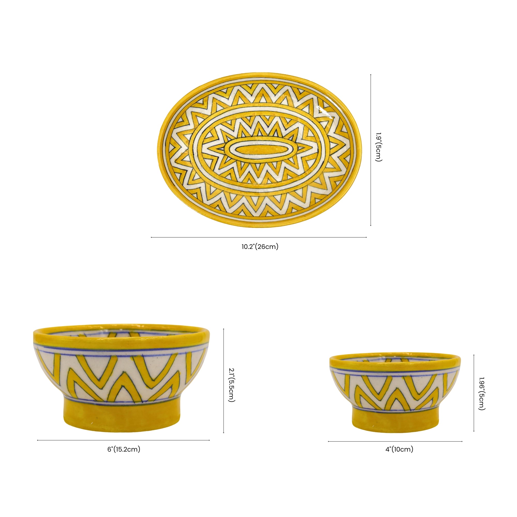 Yellow Geometric Oval Platter & Bowl Set – Handcrafted Jaipur Blue Pottery for Modern Dining