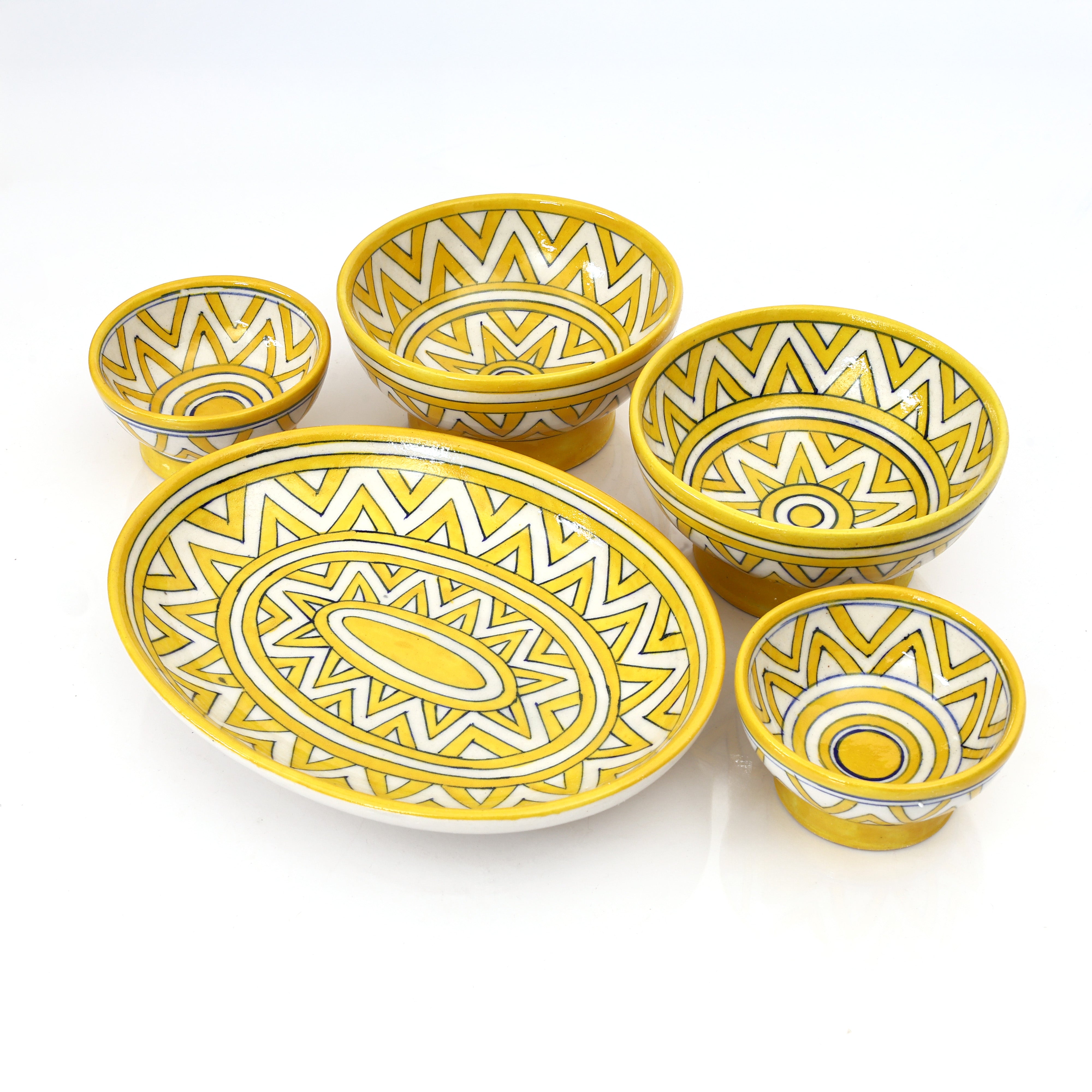 Yellow Geometric Oval Platter & Bowl Set – Handcrafted Jaipur Blue Pottery for Modern Dining