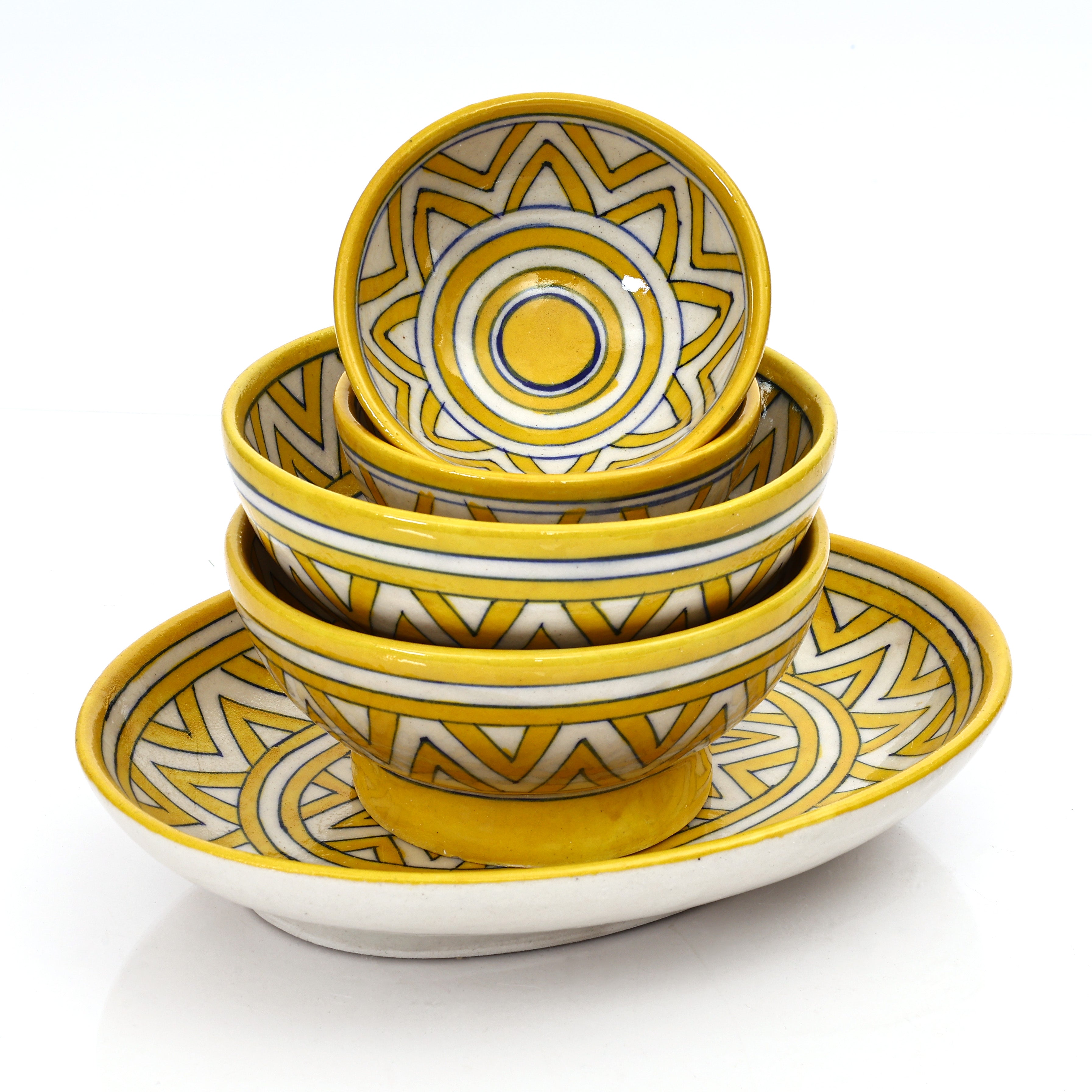 Yellow Geometric Oval Platter & Bowl Set – Handcrafted Jaipur Blue Pottery for Modern Dining