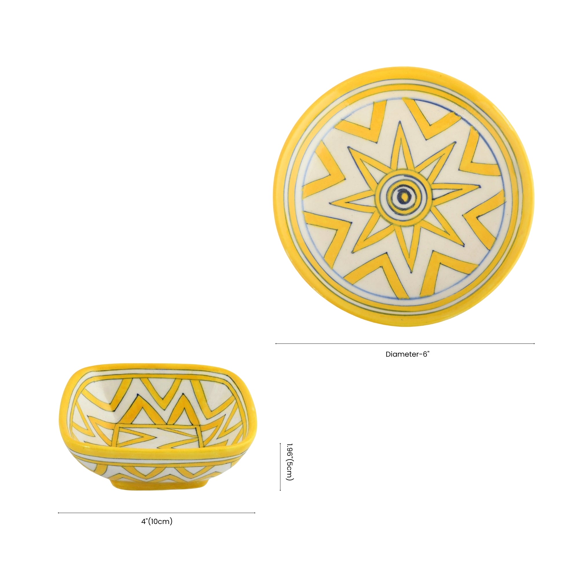 Yellow Star Geometric Bowl – Handcrafted Jaipur Blue Pottery for Contemporary Serving