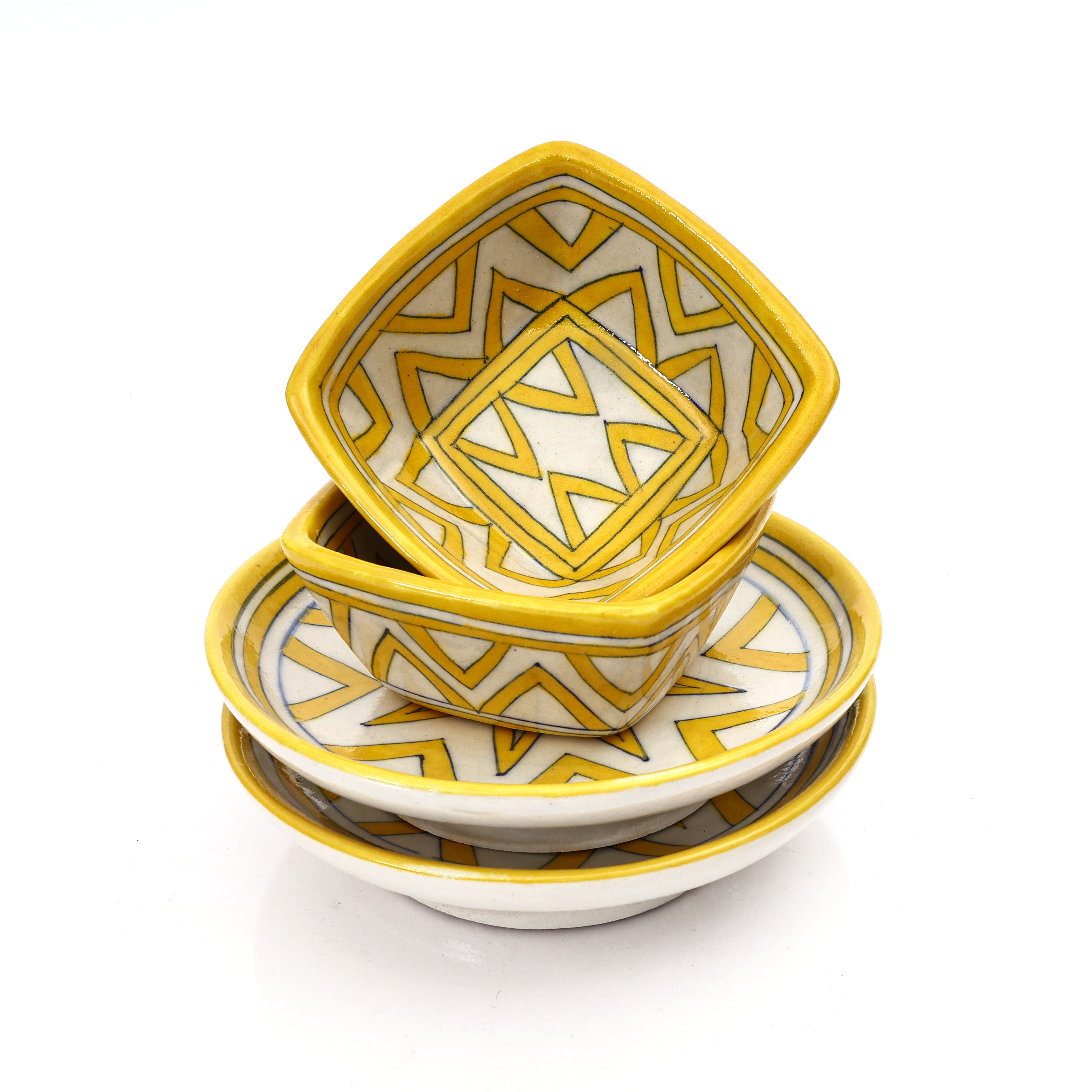 Yellow Star Geometric Bowl – Handcrafted Jaipur Blue Pottery for Contemporary Serving