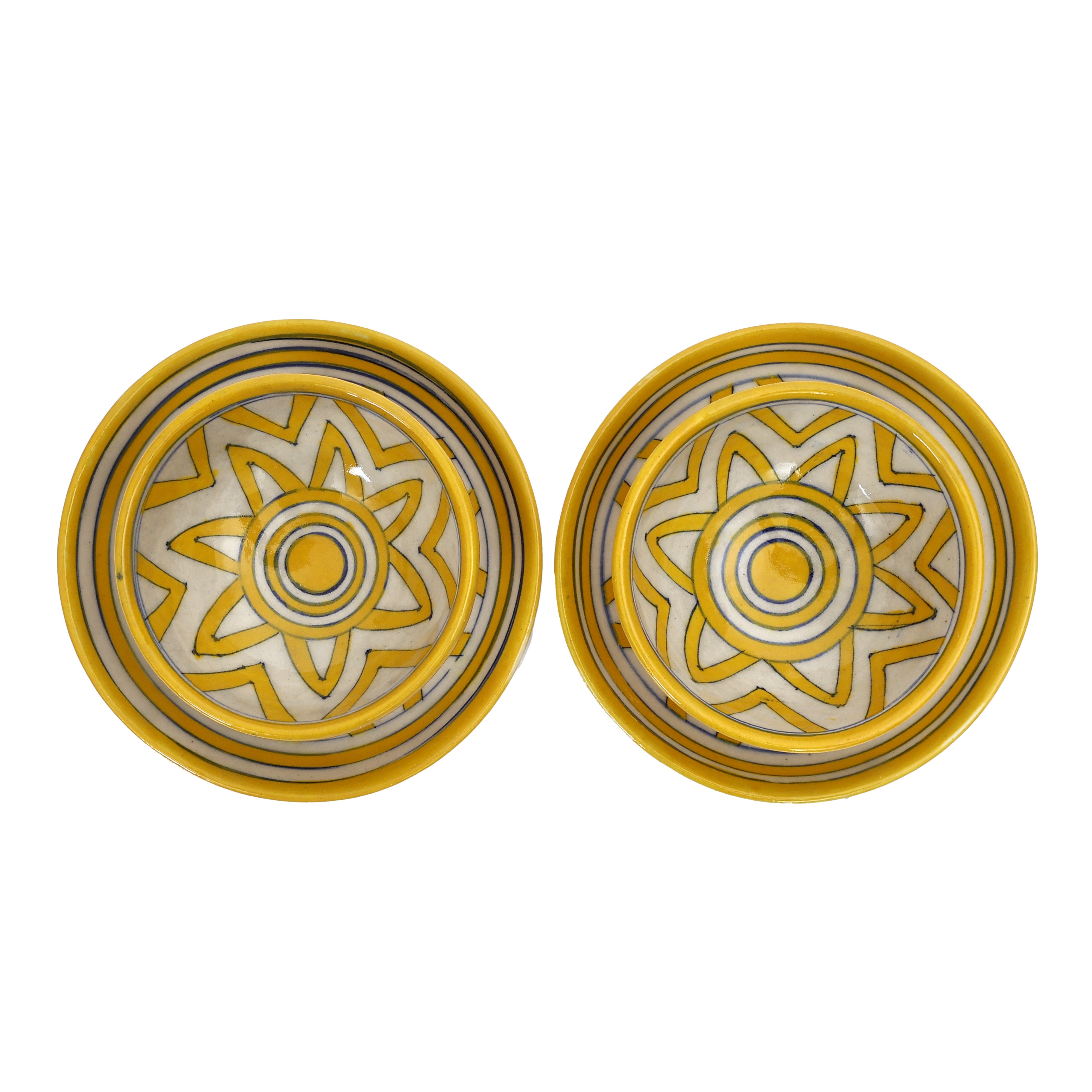 Yellow Starburst Serving Plate & Bowl – Handcrafted Jaipur Blue Pottery with Geometric Charm