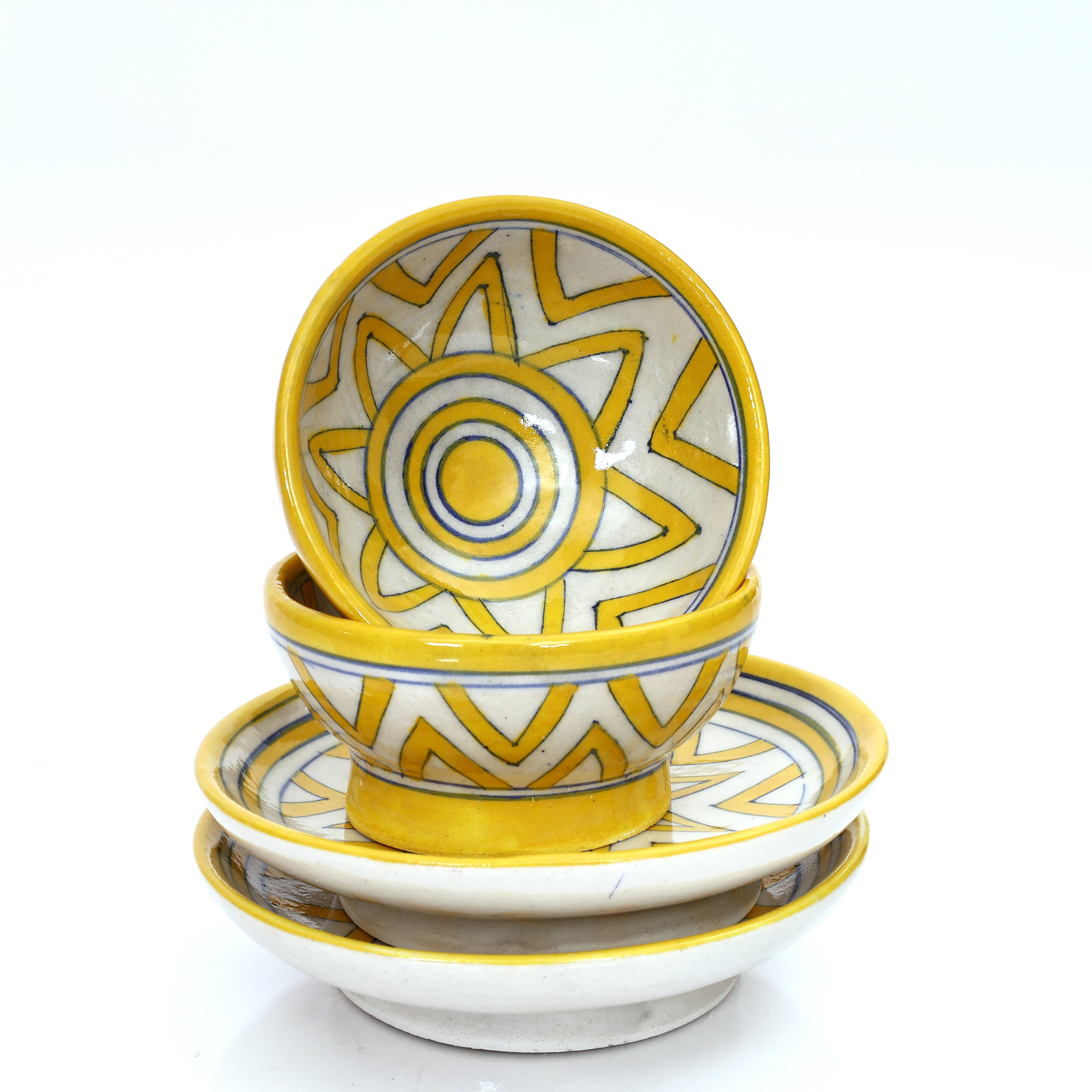 Yellow Starburst Serving Plate & Bowl – Handcrafted Jaipur Blue Pottery with Geometric Charm
