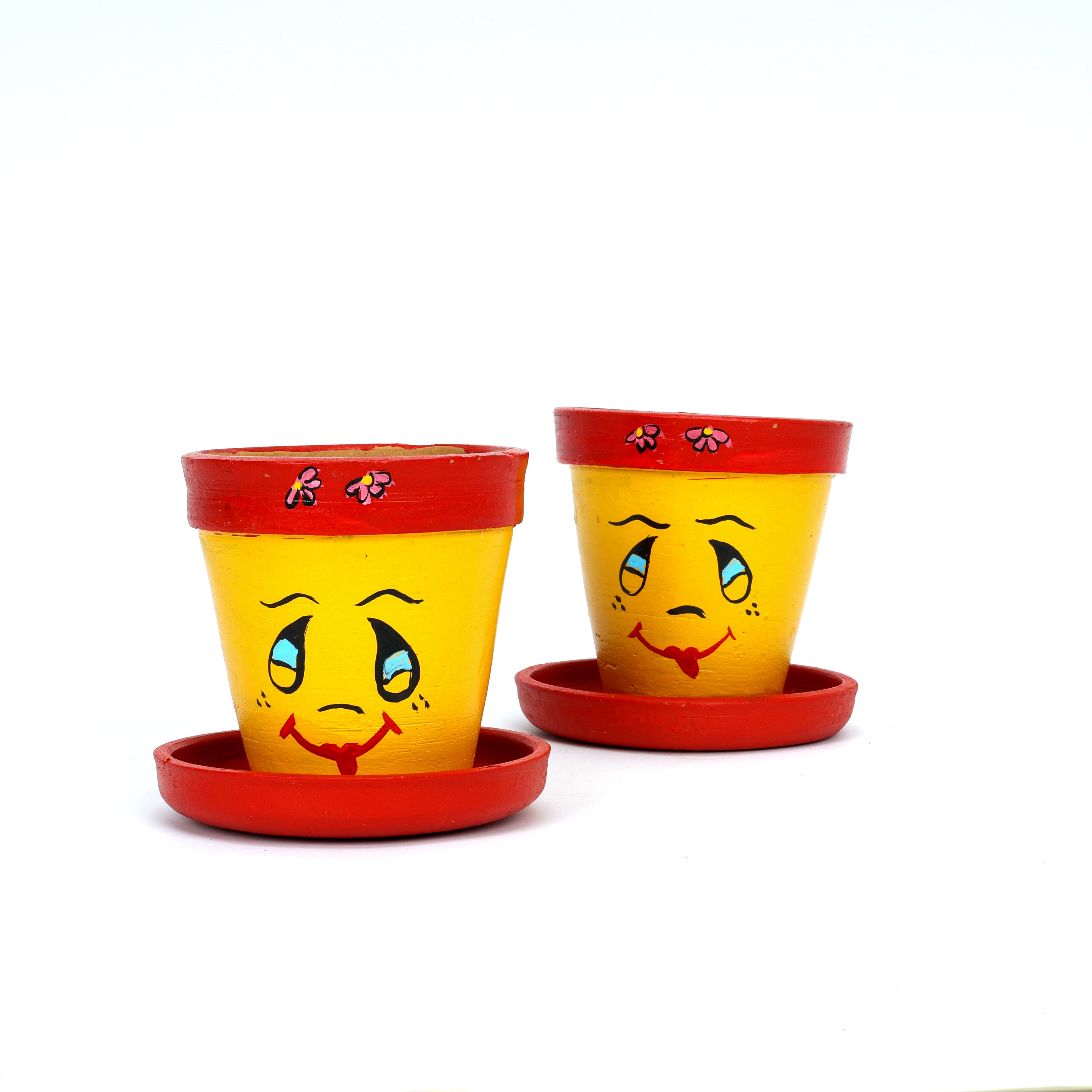 Yellow and Red Handcrafted Terracotta Planters - Set of 2 - Funky Hand Painting