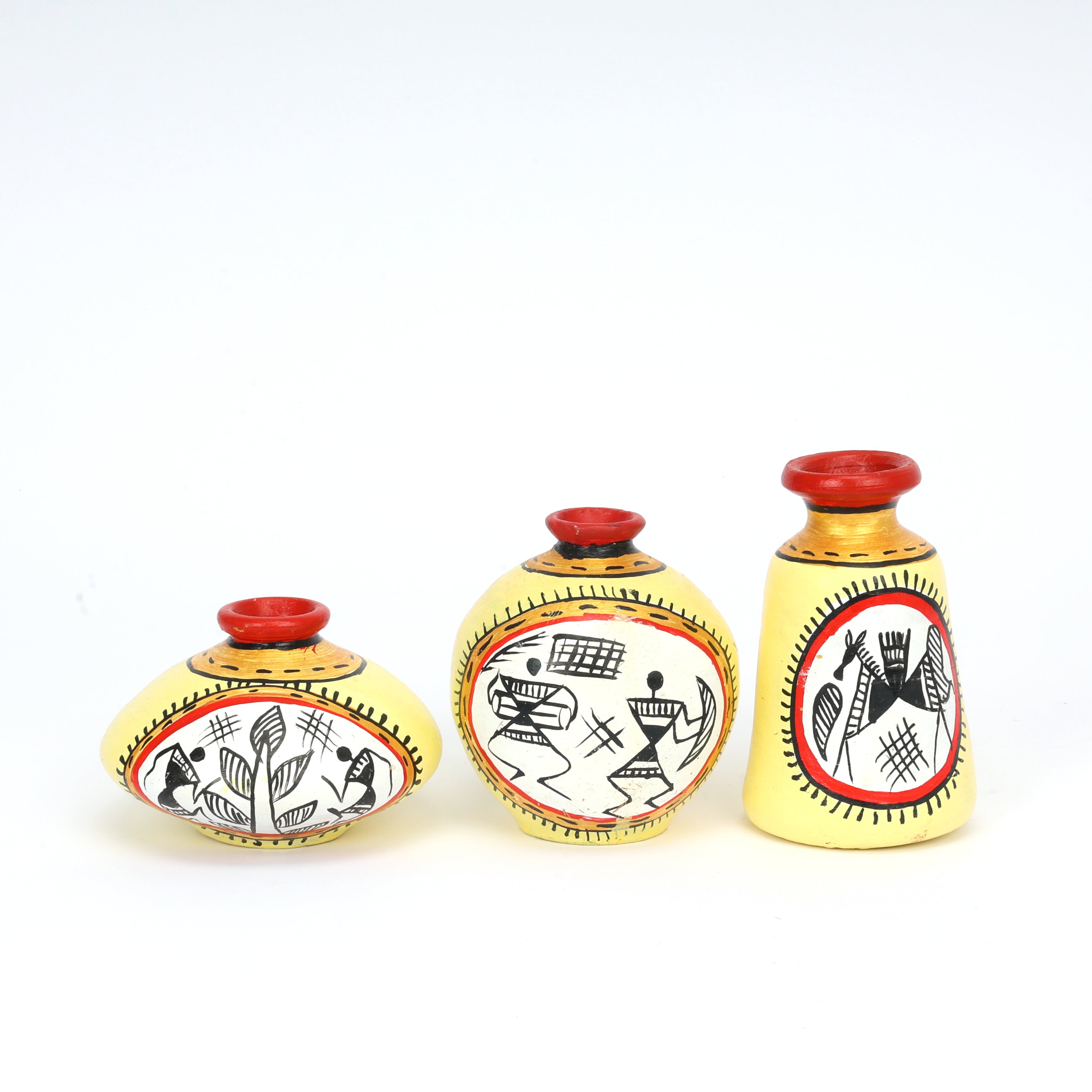 Yellow and Red Handcrafted Terracotta Pots for Home Decor - Set of 3 - Warli Hand Painting