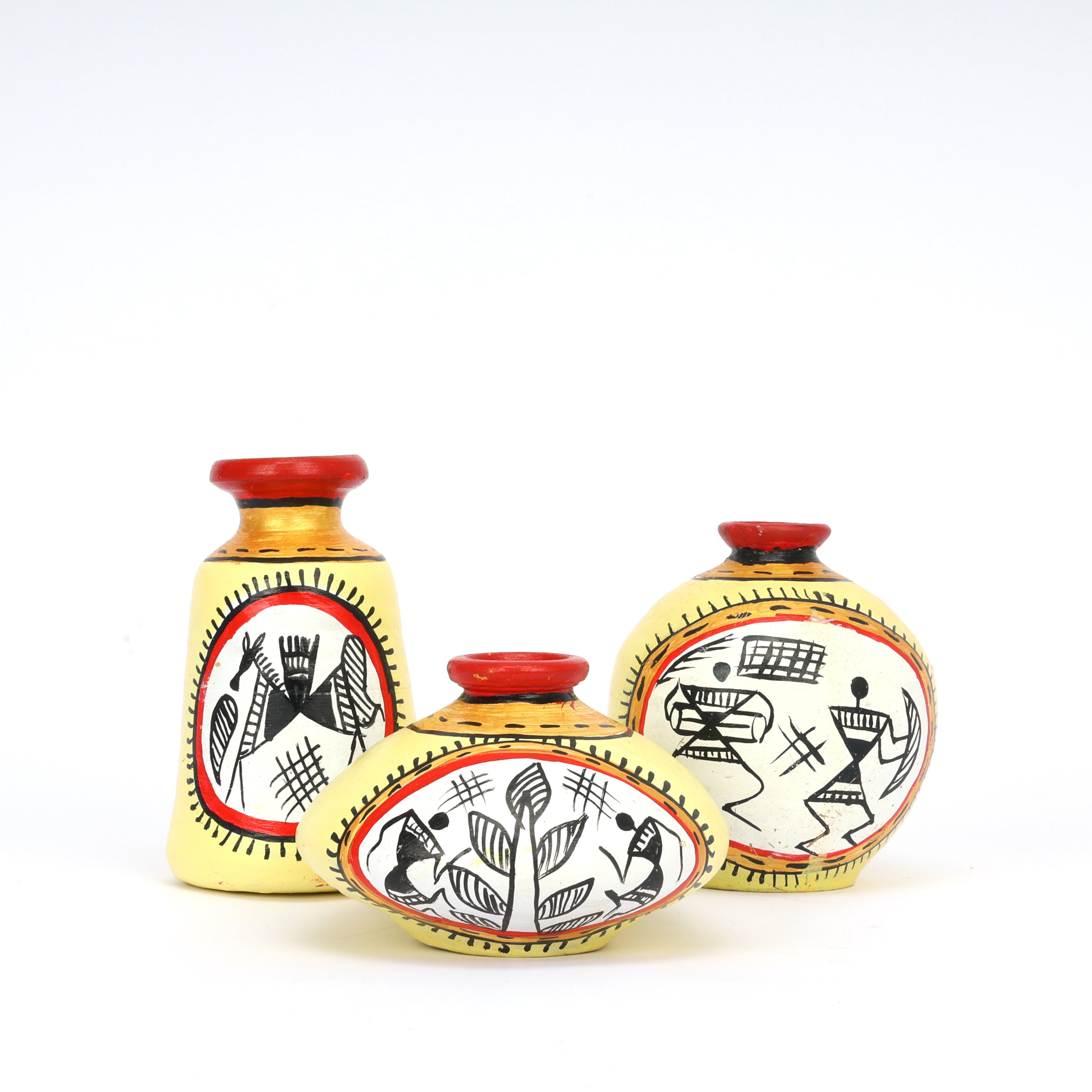 Yellow and Red Handcrafted Terracotta Pots for Home Decor - Set of 3 - Warli Hand Painting