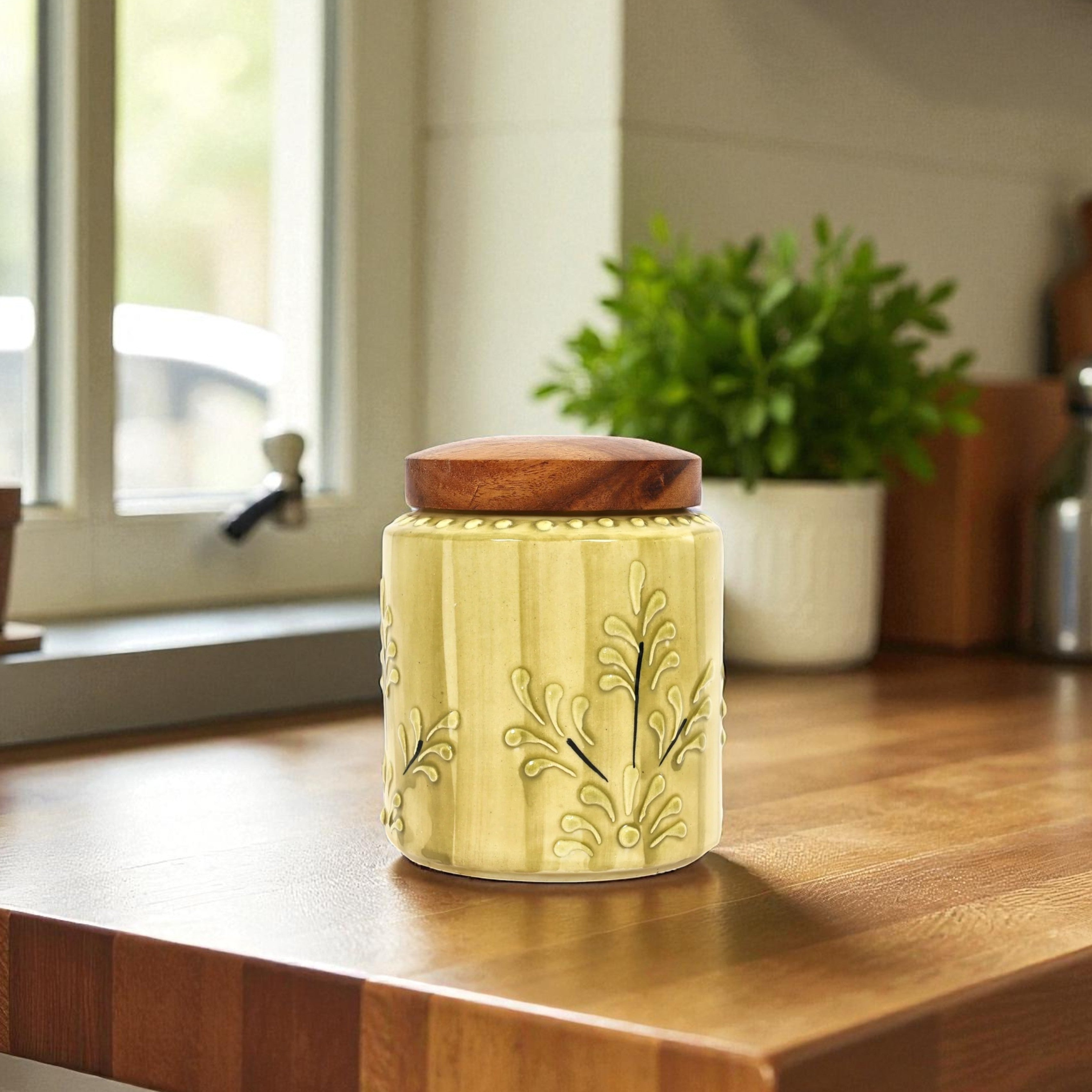 Yellow flower embossed Ceramic air-tight jar