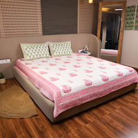 Hand Block Print Floral Pattern Premium Mulmul Cotton Double Bedcover and Pillow Cover set featuring elegant floral motifs and artisanal craftsmanship.