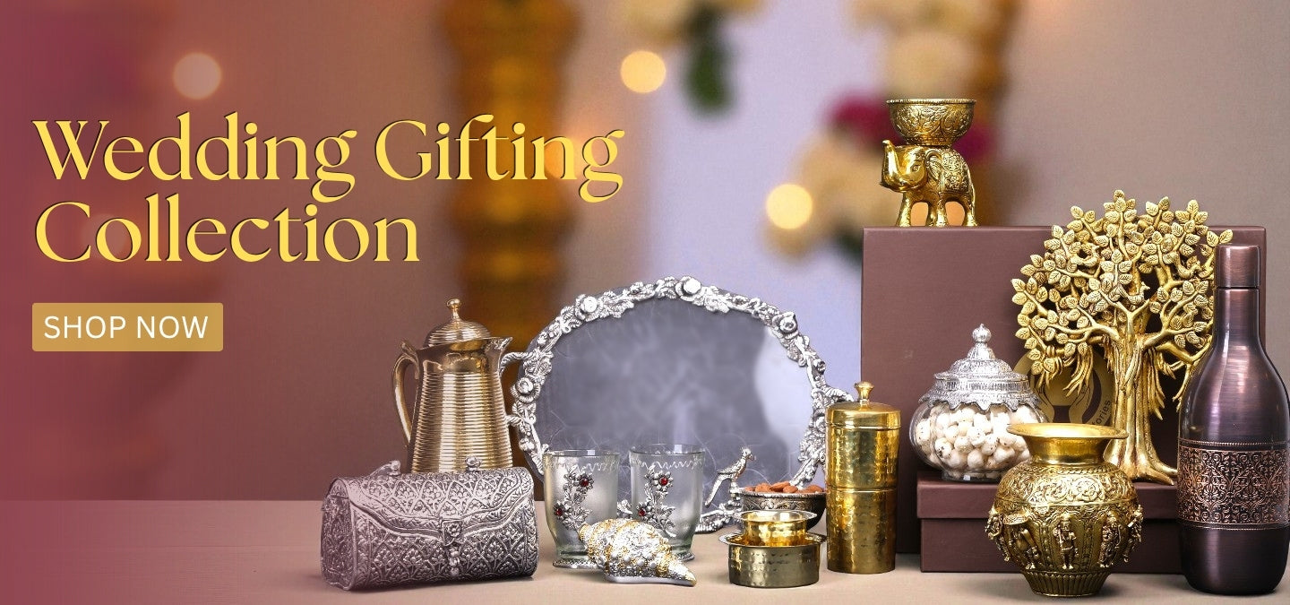 Wedding gifting collection with various decorative items on a blurred background