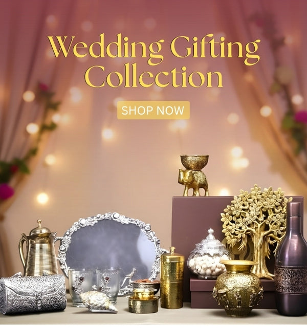Wedding gifting collection with decorative items on a table, featuring 'Wedding Gifting Collection' text.